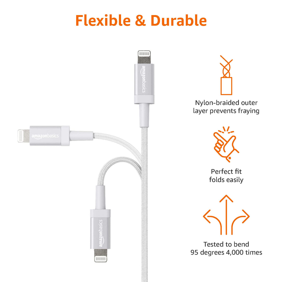 Amazon Basics USB-A to Lightning Charger Cable, Nylon Braided Cord, MFi Certified for Apple iPhone 14 13 12 11 X Xs Pro, Pro Max, Plus, iPad, 0.9 m, Silver