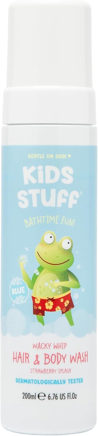 Kids Stuff Blue Wacky Whip Foaming Hair & Body Wash with Strawberry Splash Fragrance | Dermatologically Tested Kids Hair & Body Wash | Gently Cleanses Hair & Skin | Vegan | Cruelty Free | 200ml