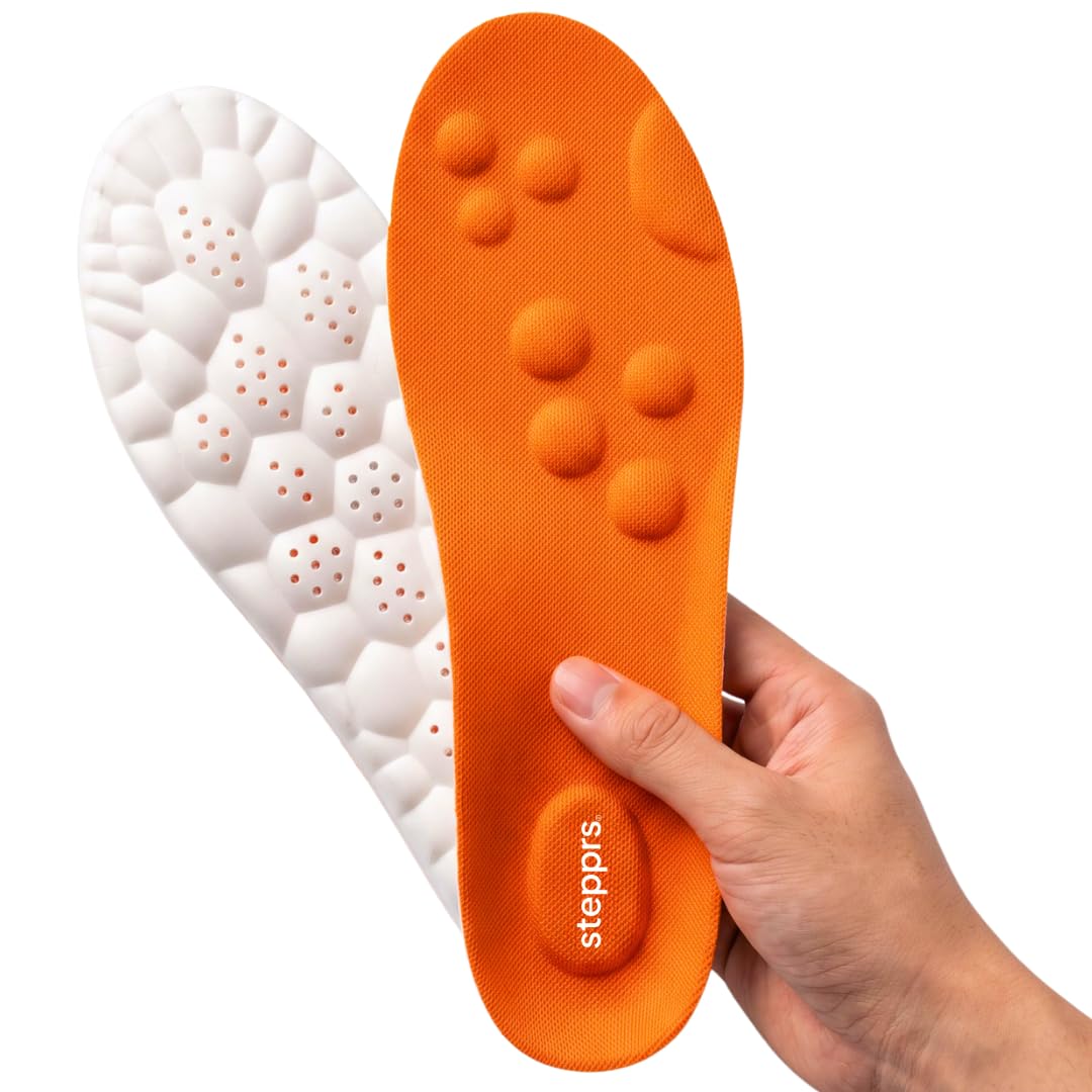Original Stepprs Comfort Boosting Massage Insoles, 4D Memory Foam Thermal Insoles with Arch Support for Men and Women (Orange, EU 45-46)
