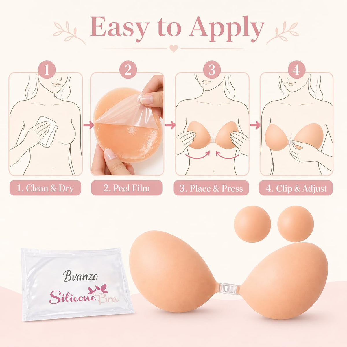 Bvanzo Stick On Bra for Women, Invisible Sticky Backless Strapless Push Up Bra with Sticky Bra Push Up, Skin Friendly and Breathable, Reusable Silicone Adhesive Bra