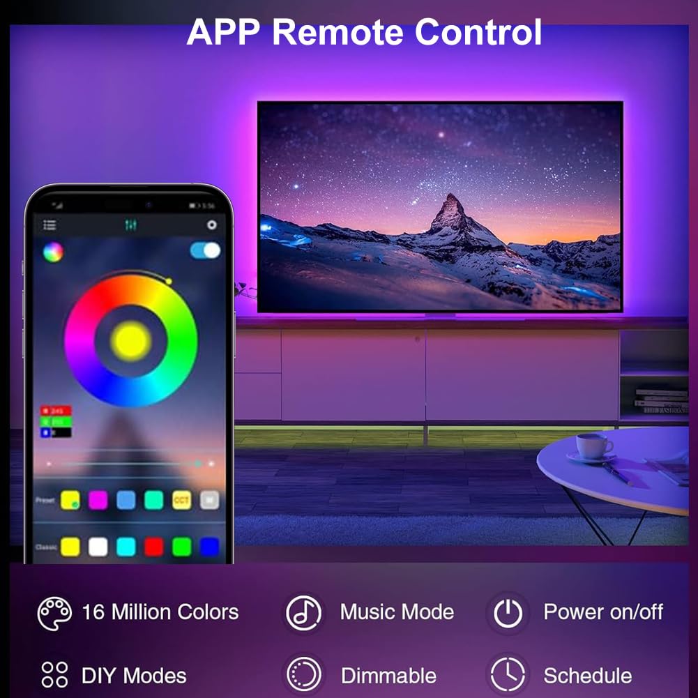 Led Strip Lights 1M/3.28ft, TV LED Backlight with Smart App Control Remote, 5050 RGB Music Sync Colour Changing, USB Smart LED Strip Light for TV,Computer, Monitor, Bedroom, Party and Home Decoration