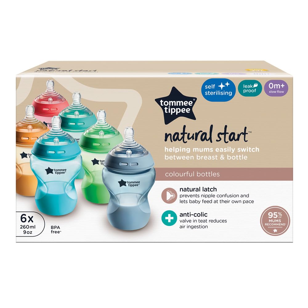 Tommee Tippee Natural Start Baby Bottles for 0m+, Pack of 6 260ml Baby Bottles, with Slow Flow Breast-Like Teat for a Natural Latch, Self-Sterilising and BPA Free, Baby Feeding Essentials, Colourful