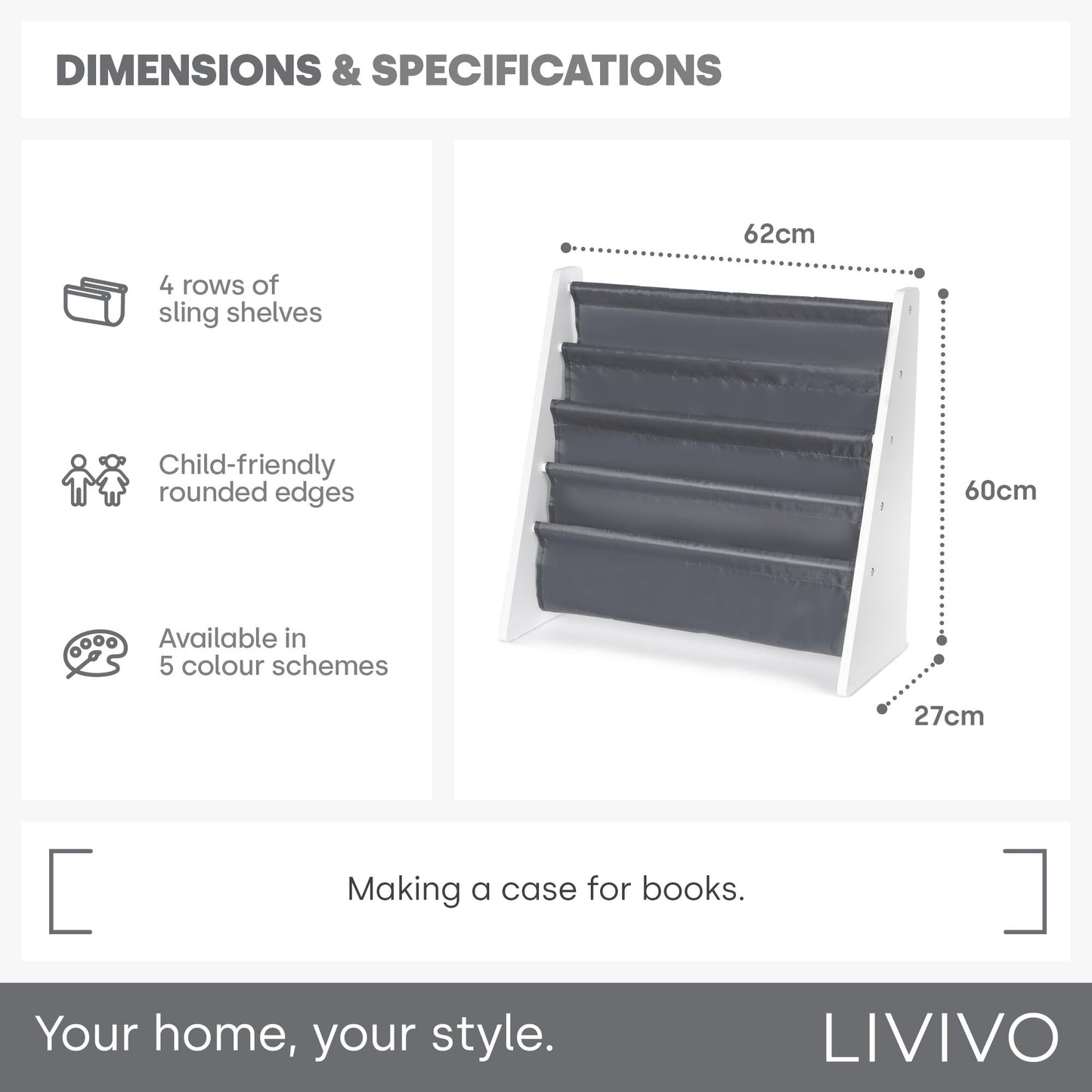 LIVIVO Colorful Kids Bookshelf - 4 Tier Children's Bookcase, Magazine and Book Storage Rack, Wooden Sling Book Organizer, Book Shelf for Kids Room, Bedroom, Nursery, Playroom (Natural)