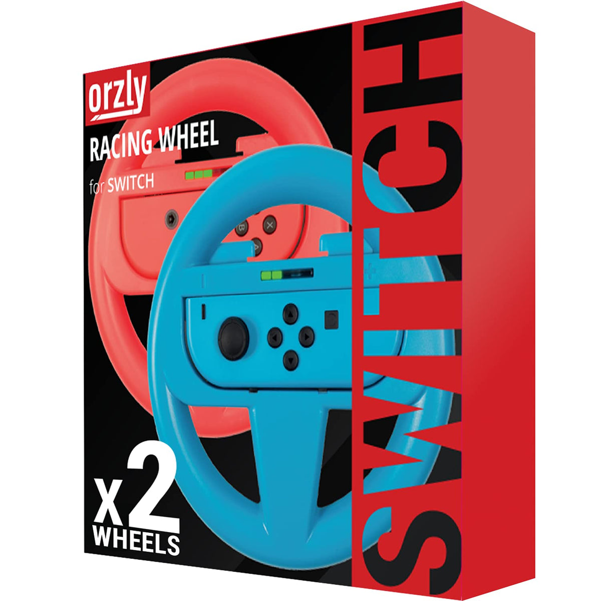 Orzly Racing Steering Wheels – Compatible with Switch 2 (2025 Console) – Party Pack of 4 Joy-Con Controller Attachments for Racing Games (2 Black, 1 Blue, 1 Red)