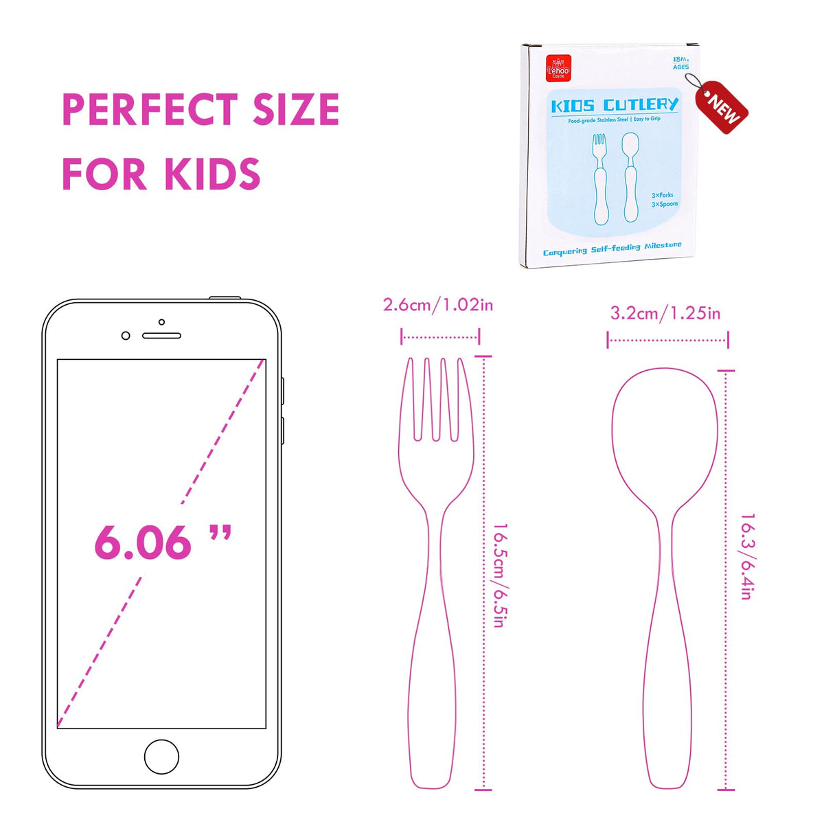Lehoo Castle Stainless Steel Toddler Cutlery Set, 6-Piece Dinosaur Design