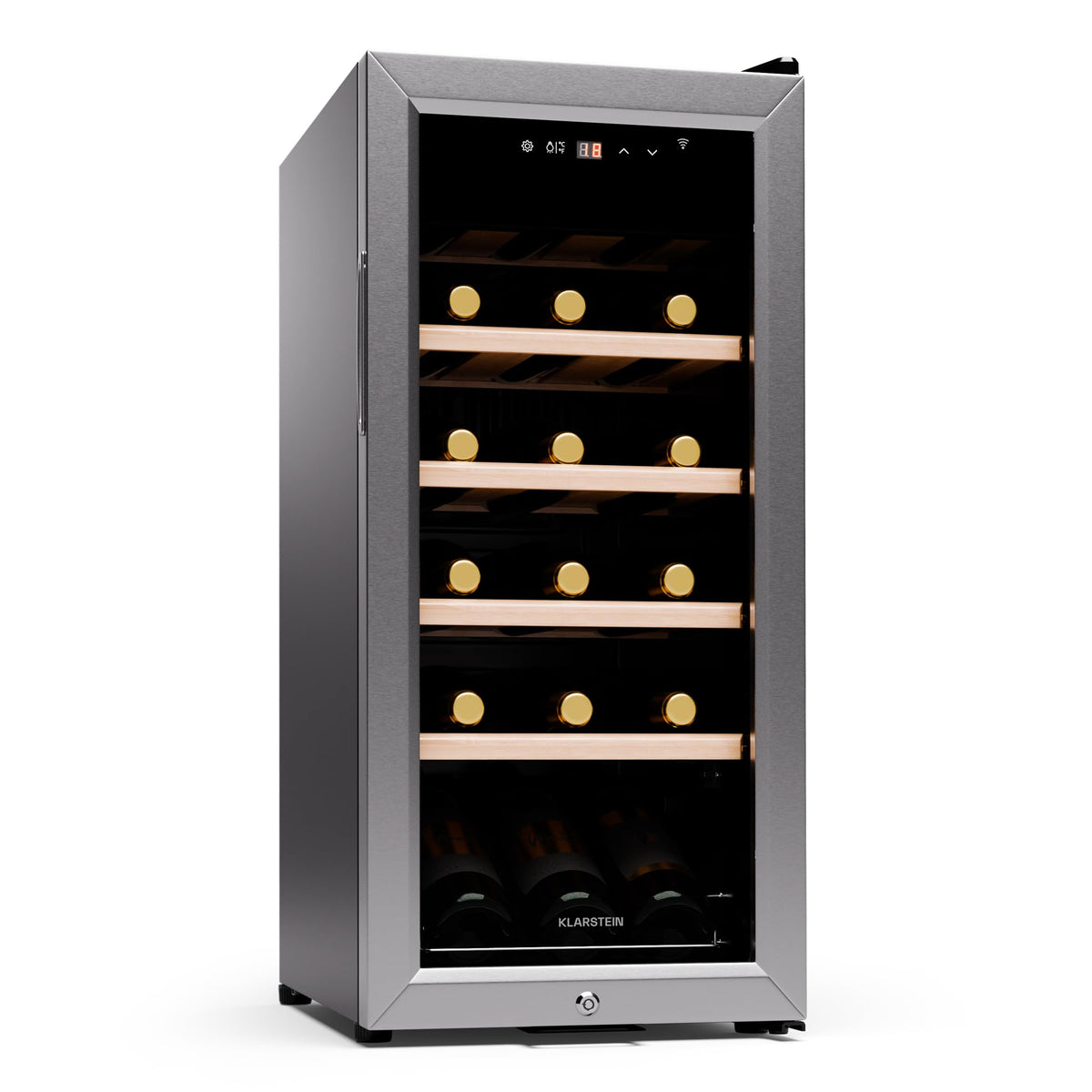 KLARSTEIN Shiraz Wine Cooler Black – 8 Bottles, 1 Zone | Freestanding Wine Fridge with Glass Door, Quiet, 5–18 °C, LED, Stainless Steel Frame