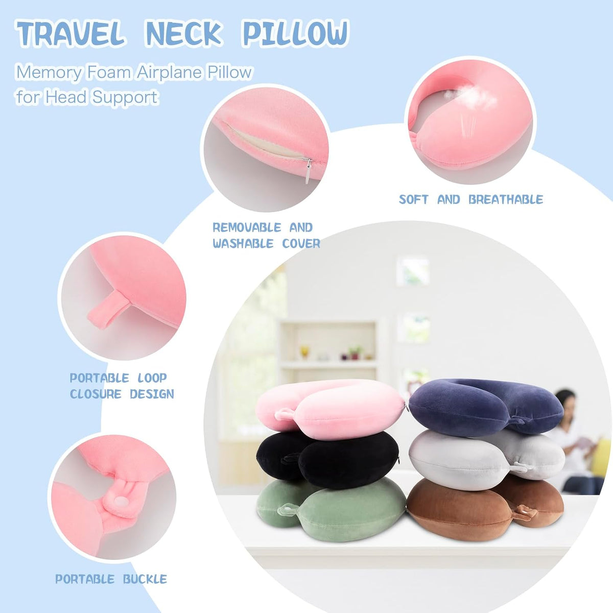 WENGX Travel Neck Pillow With Storage Bag Memory Foam Head Support Flight Pillows Cushion for Airplane Train Car Office Travel Essential for a Long Hauls Sleeping Rest(Pale Pink)