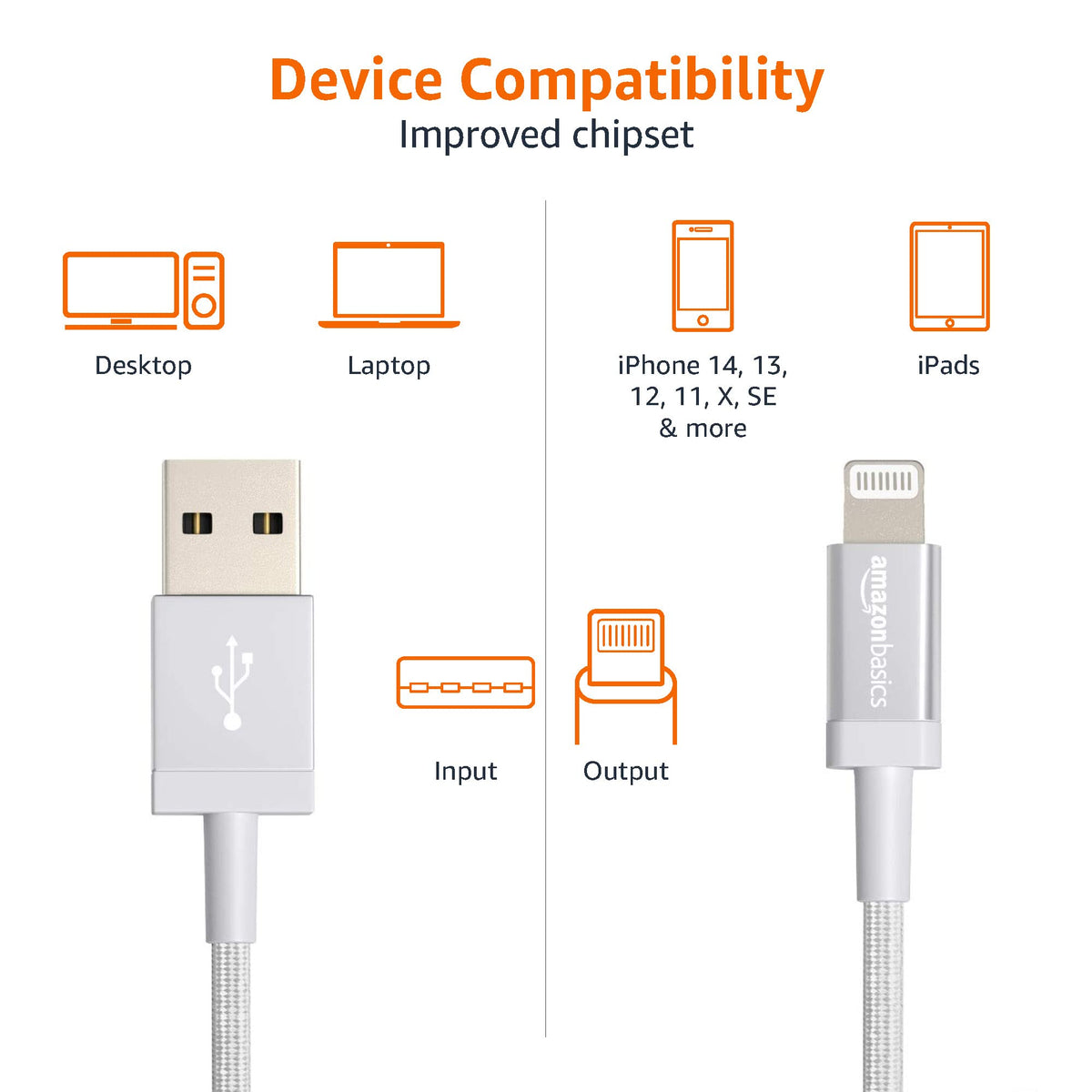 Amazon Basics USB-A to Lightning Charger Cable, Nylon Braided Cord, MFi Certified for Apple iPhone 14 13 12 11 X Xs Pro, Pro Max, Plus, iPad, 0.9 m, Silver