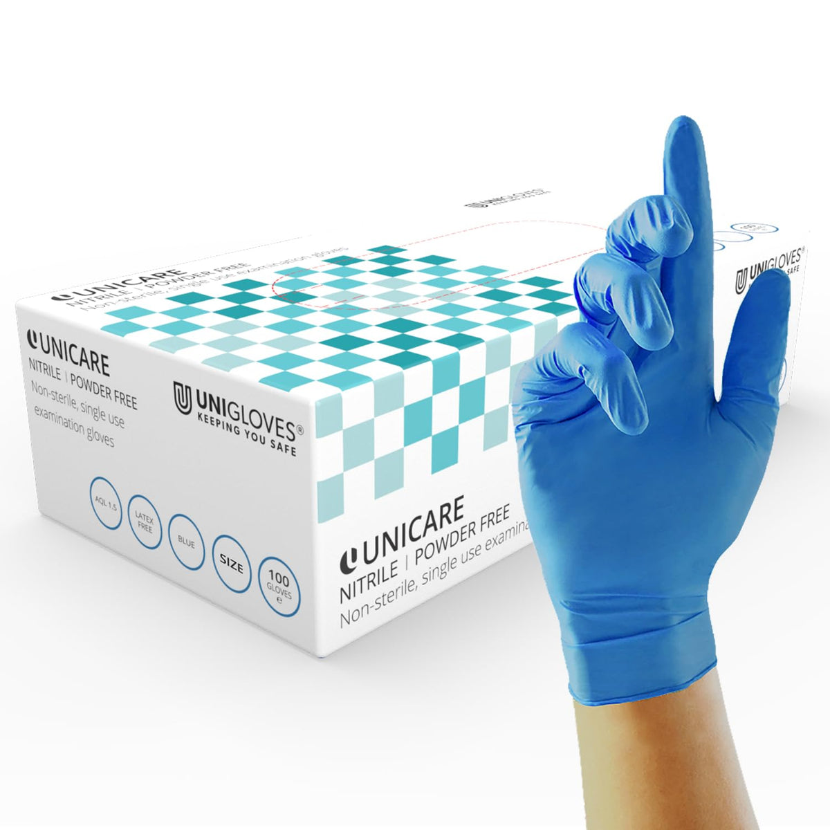 Unigloves Unicare Nitrile Examination Disposable Box of 100 Blue Gloves