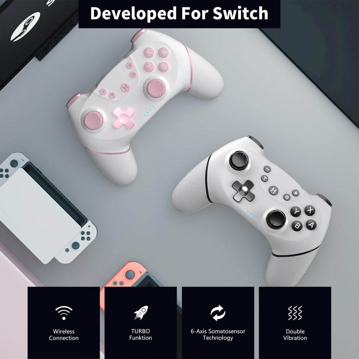 AceGamer 2pcs Wireless Controller for Switch 2/Switch/Lite/OLED, Controller for Switch Pro with Wake-up Function with One Button, Switch Pro Controller with Dual Vibration/Turbo/Screenshot