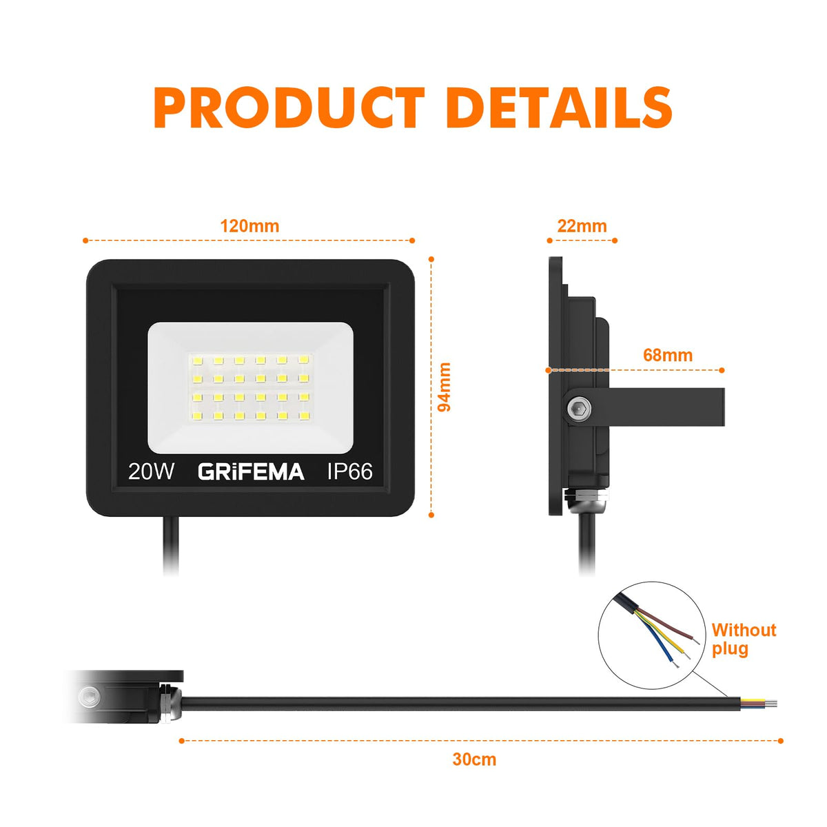 GRIFEMA 20W LED Security Light with Motion Sensor 2200LM 6500K