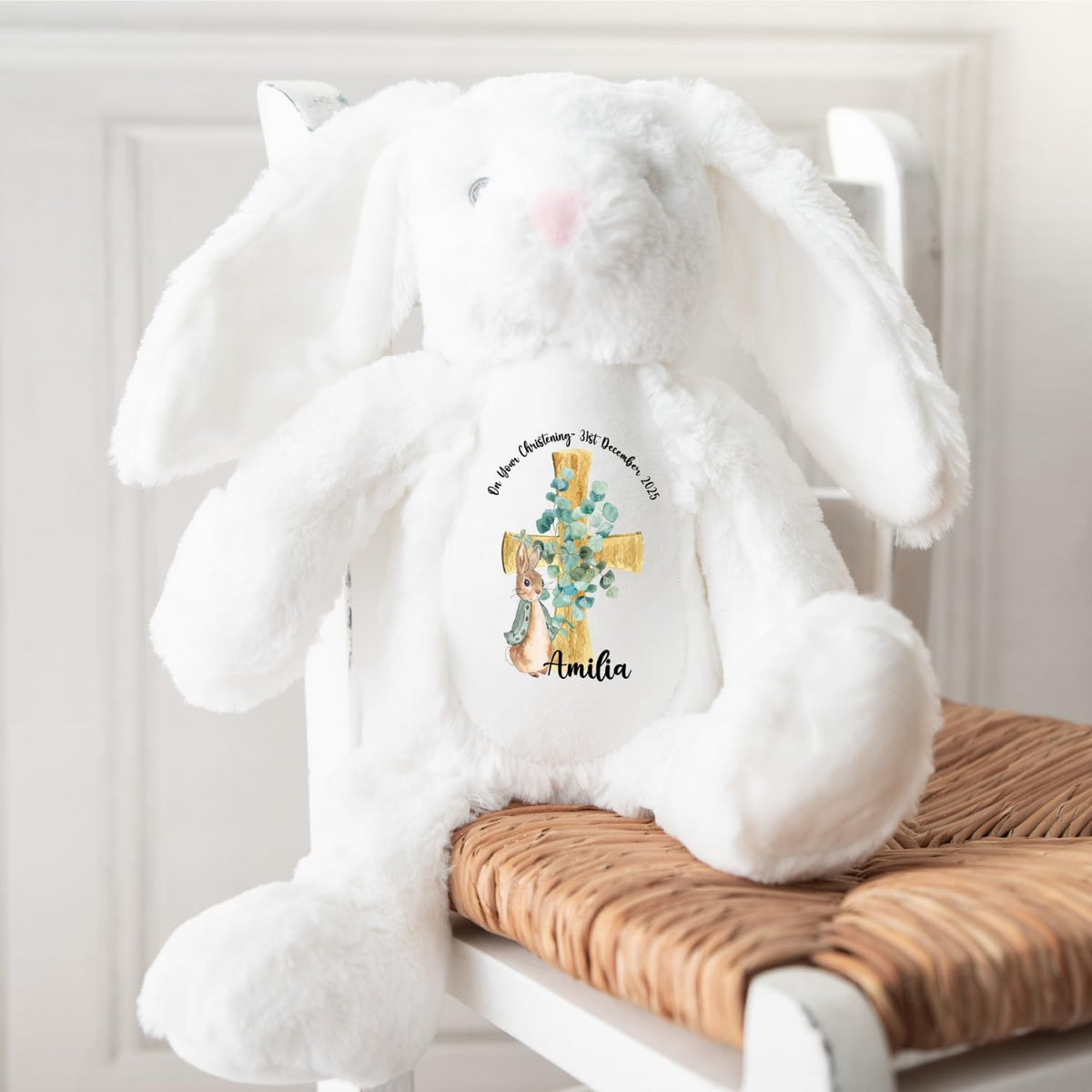 Crafted Memories - Personalised Bunny Rabbit | Custom Name & Date | Christening & Baptism Keepsake | Baby Girl & Boy | Soft Grey, White | Ideal 1st Birthday Present