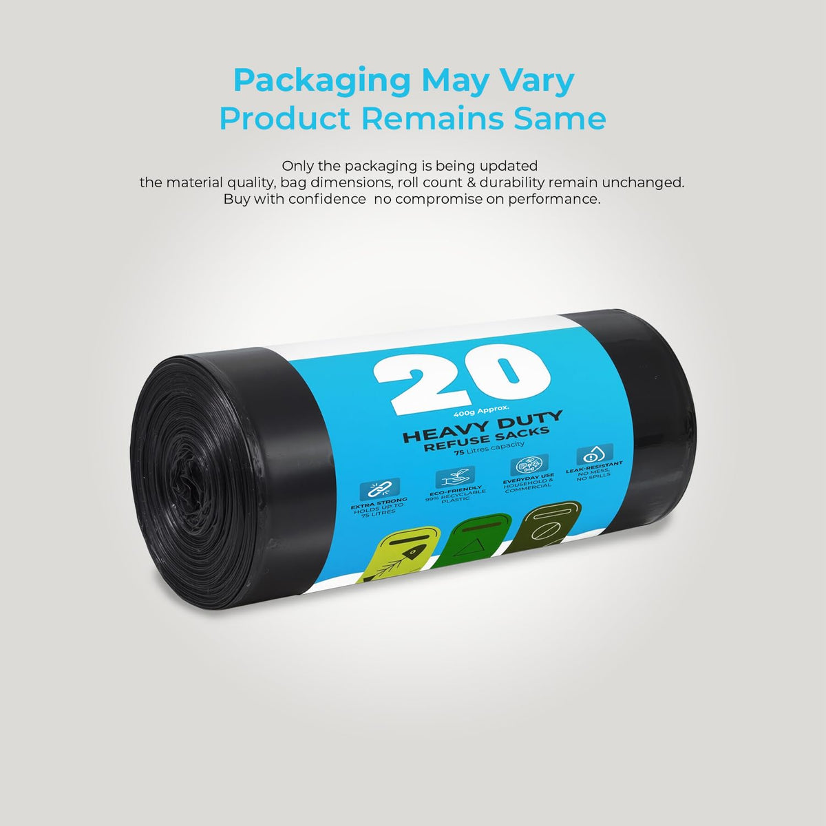 Roe Tenpo 100 Pack Heavy Duty Black Bin Bags – 100L, 33 μm Recyclable Refuse Sacks, Leak-Proof Bin Liners – Rubbish Bags for Kitchen, Home, DIY & Garden, Household, Office & Catering