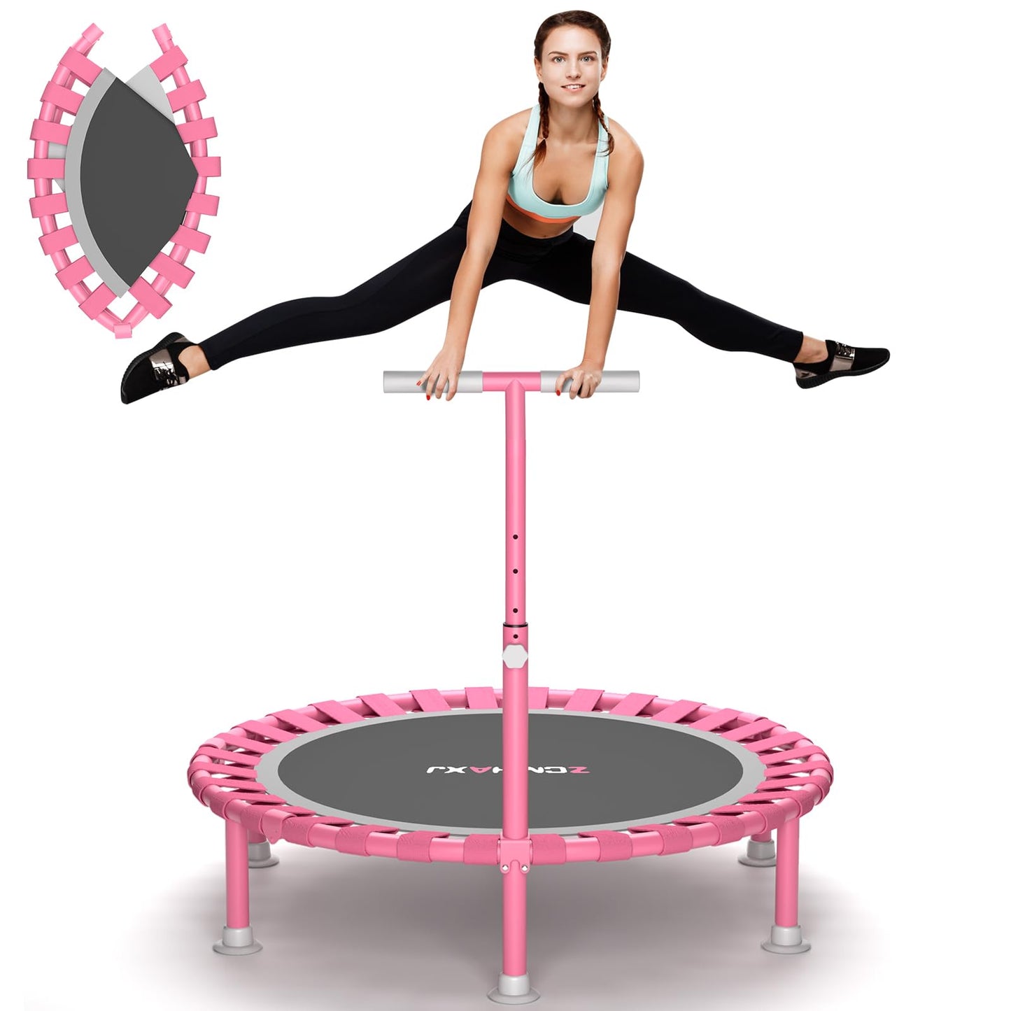 ZCMHAXJ Foldable Mini Trampoline, 40" Rebounder Trampoline for Adults & Kids, 450lbs Capacity with/without U/T-Shaped Adjustable Bar, Indoor Fitness Workout Exercise Equipment