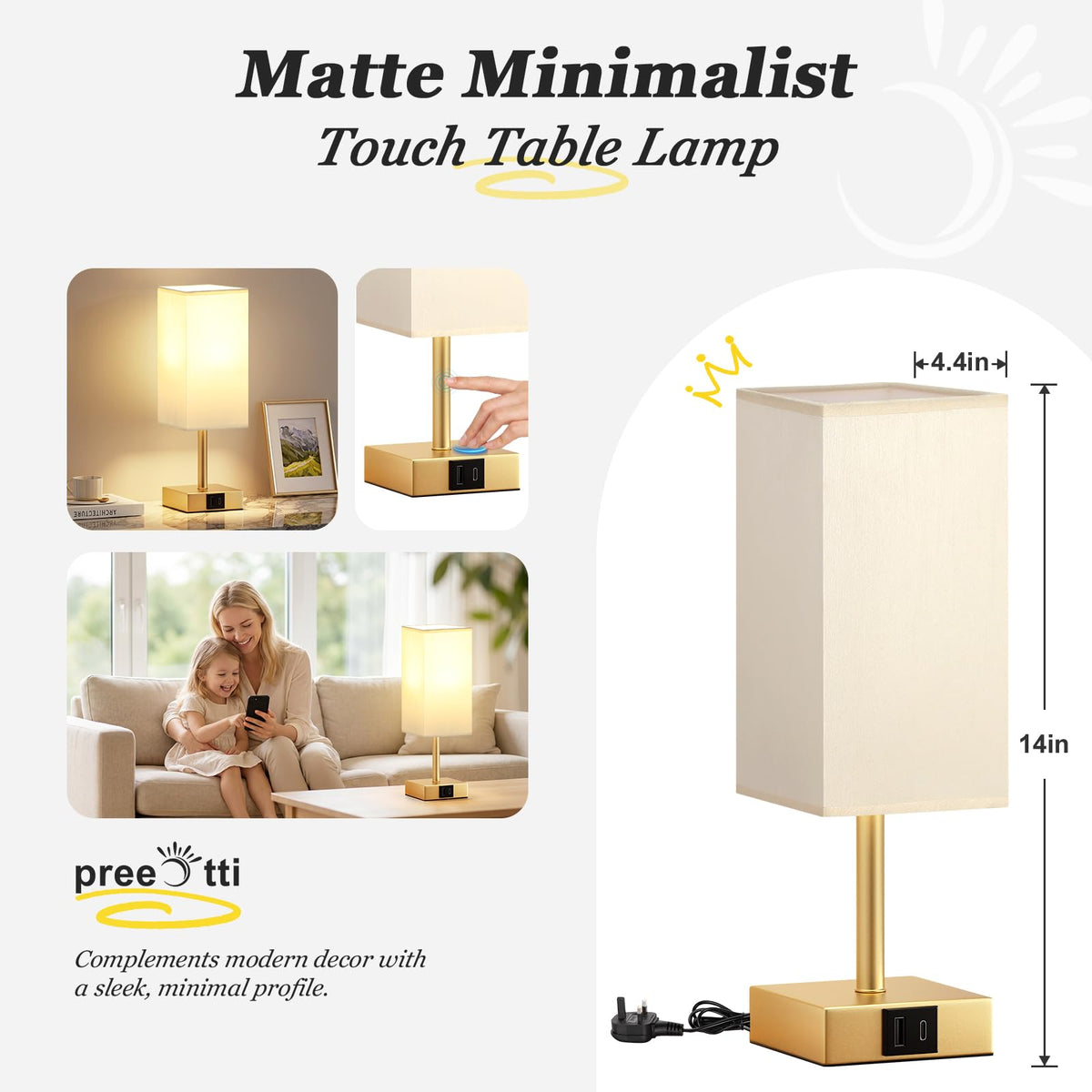 Pink Touch Lamp, Bed Lamp with Dual USB Charging Ports, Pink-Base (Bulb Included)