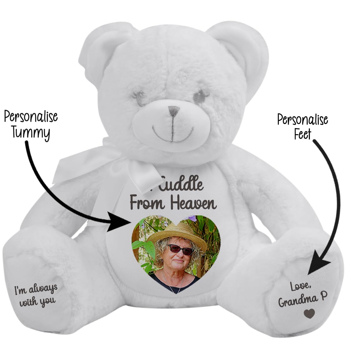 Personalised Memory Teddy Bear with Heart-Shaped Photo – “A Cuddle From Heaven” Keepsake Gift – 28 Bear Styles – Add Your Text & Choose Colour – Custom Memorial Bear (White Angel Teddy)