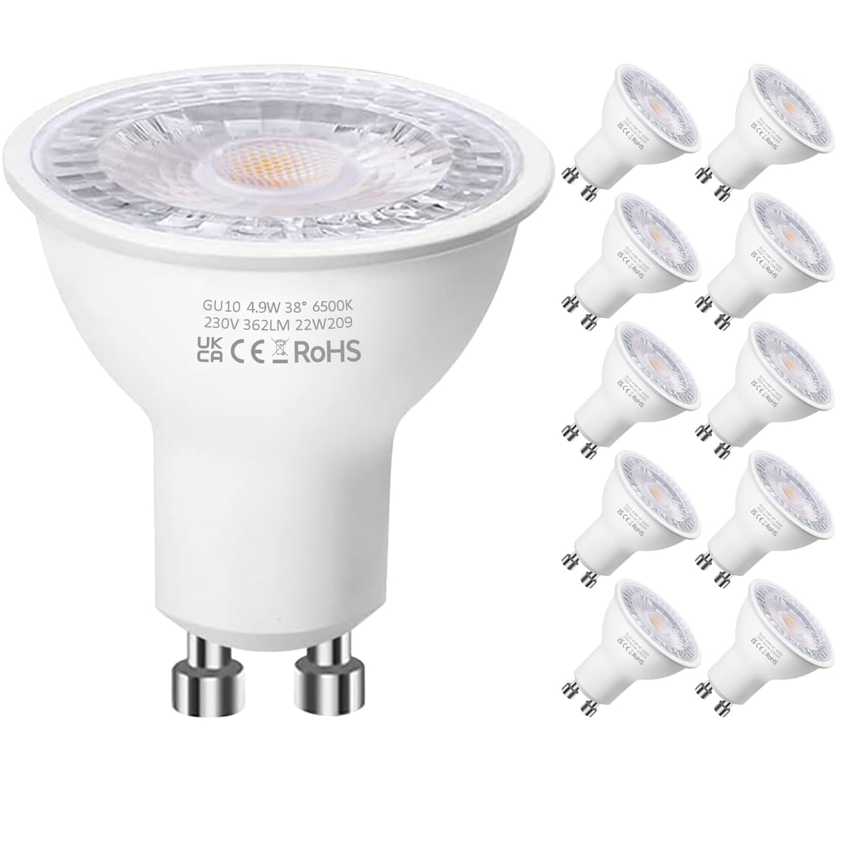 Levidon GU10 LED Bulbs, Warm White 2700K, 5W LED GU10 Spotlight Bulb, 50W Halogen Spotlight Bulbs, 220-240V 362LM 38 Degree Narrow Beam Angle Energy Saving Non-dimmable Pack of 10