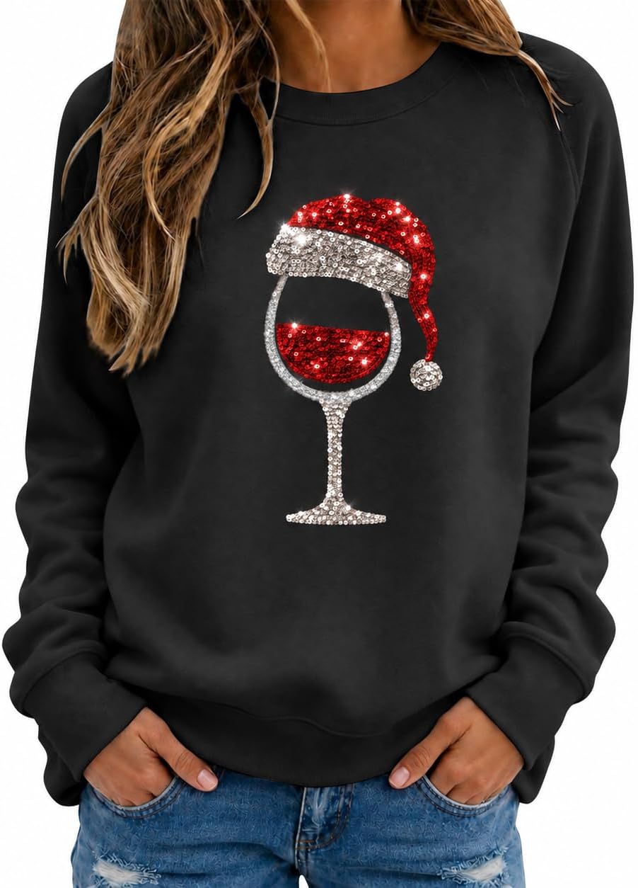 Christmas Jumpers Women Wine Graphic Sequin Sweatshirts Ladies Xmas Tops