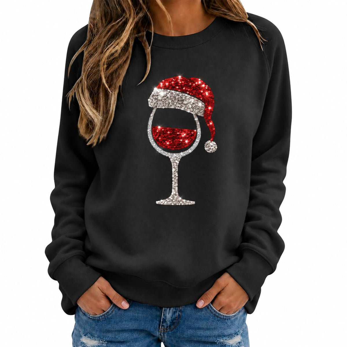 Christmas Jumpers Women Wine Graphic Sequin Sweatshirts Ladies Xmas Tops