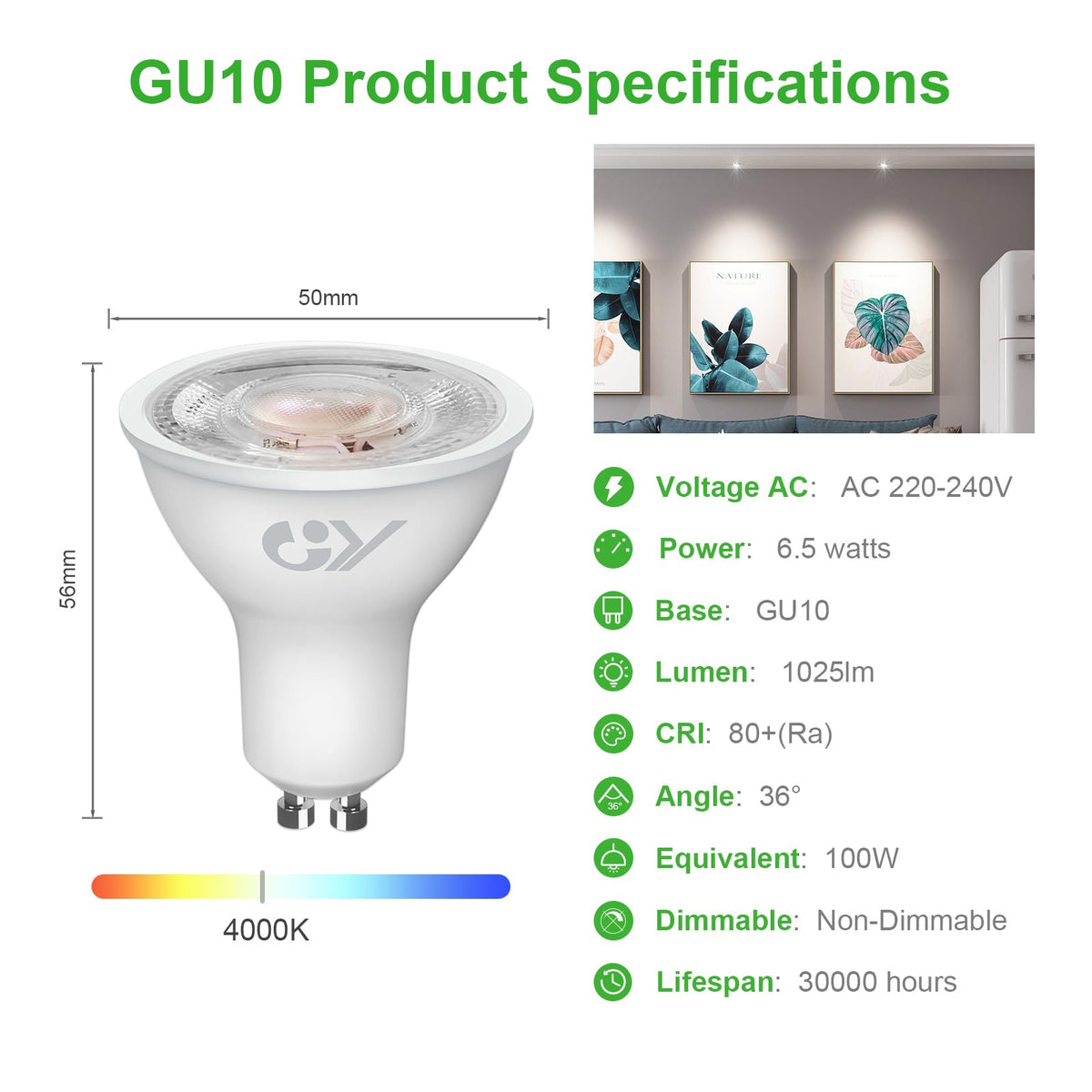 GY GU10 LED Bulbs Warm White 2700K,8W 800lm Energy Saving Light Bulbs,Equivalent to 80W 120° Wide Beam for Ceiling Non-dimmable,Pack of 12