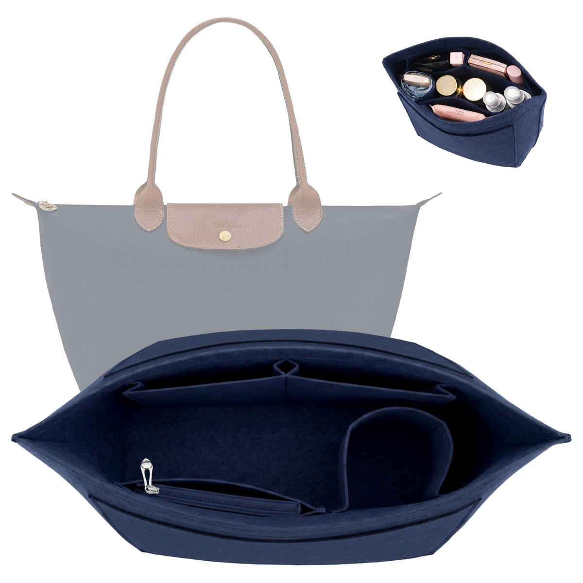 Multi-pocket felt tote bag for inserting a wallet, folding tote organizer insert Longchamp (khaki, L)