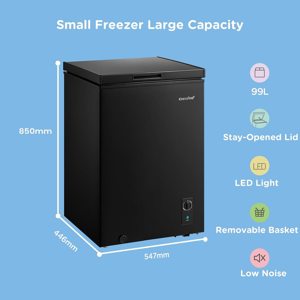 COMFEE' 99L Chest Freezer, Convertible Refrigeration Mode, RCC102BL2UK(E)