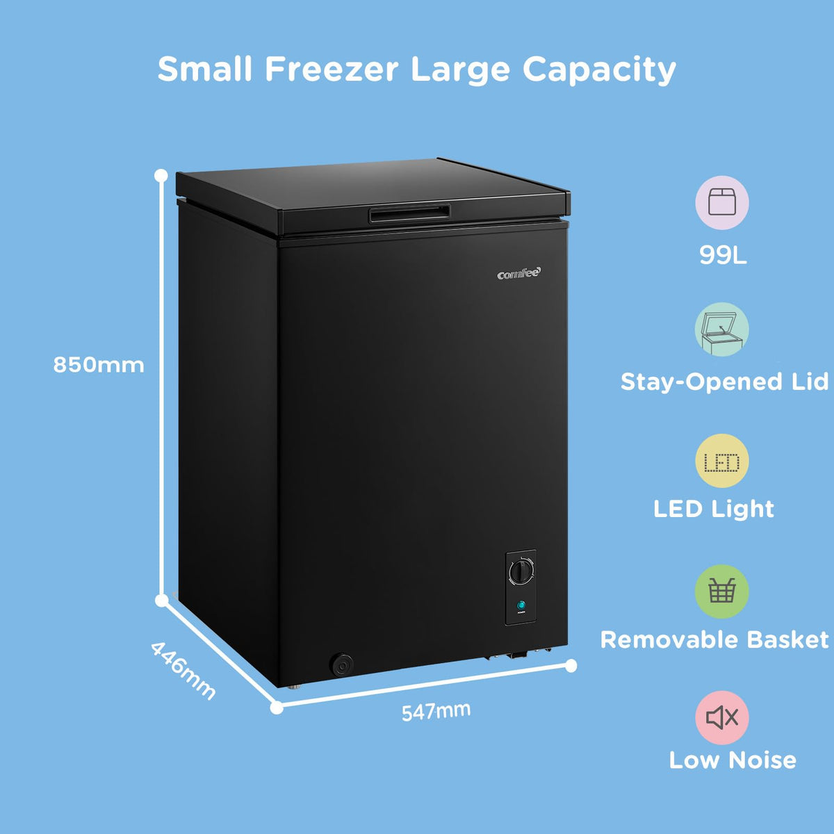 COMFEE' 99L Chest Freezer, Convertible Refrigeration Mode, RCC102BL2UK(E)