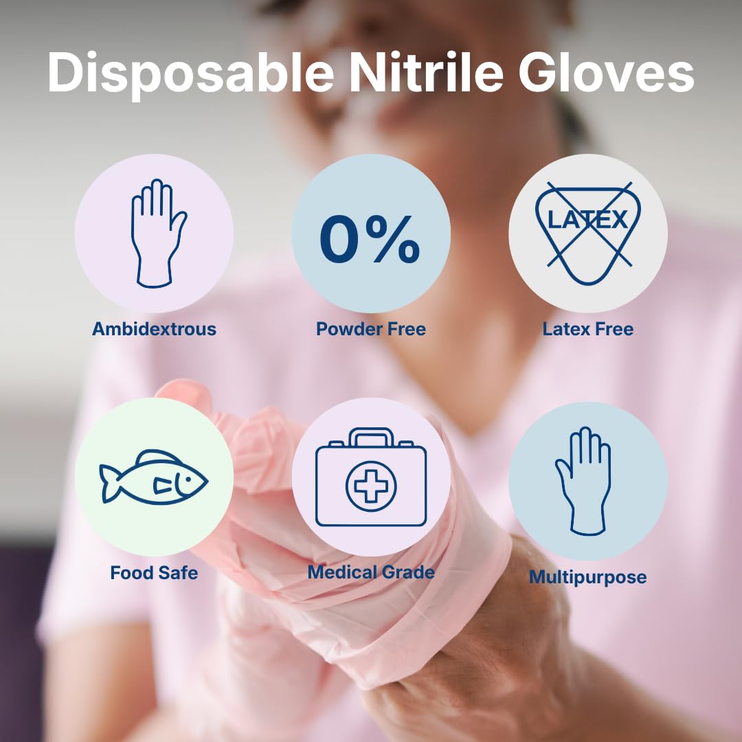 ABENA Pink Disposable Nitrile Gloves, Large, Pack of 100, Powder Free, Latex Free, Examination Gloves for Cleaning, Food Prep, Beauty, Medical & Hygiene, Strong Single Use Protective Gloves