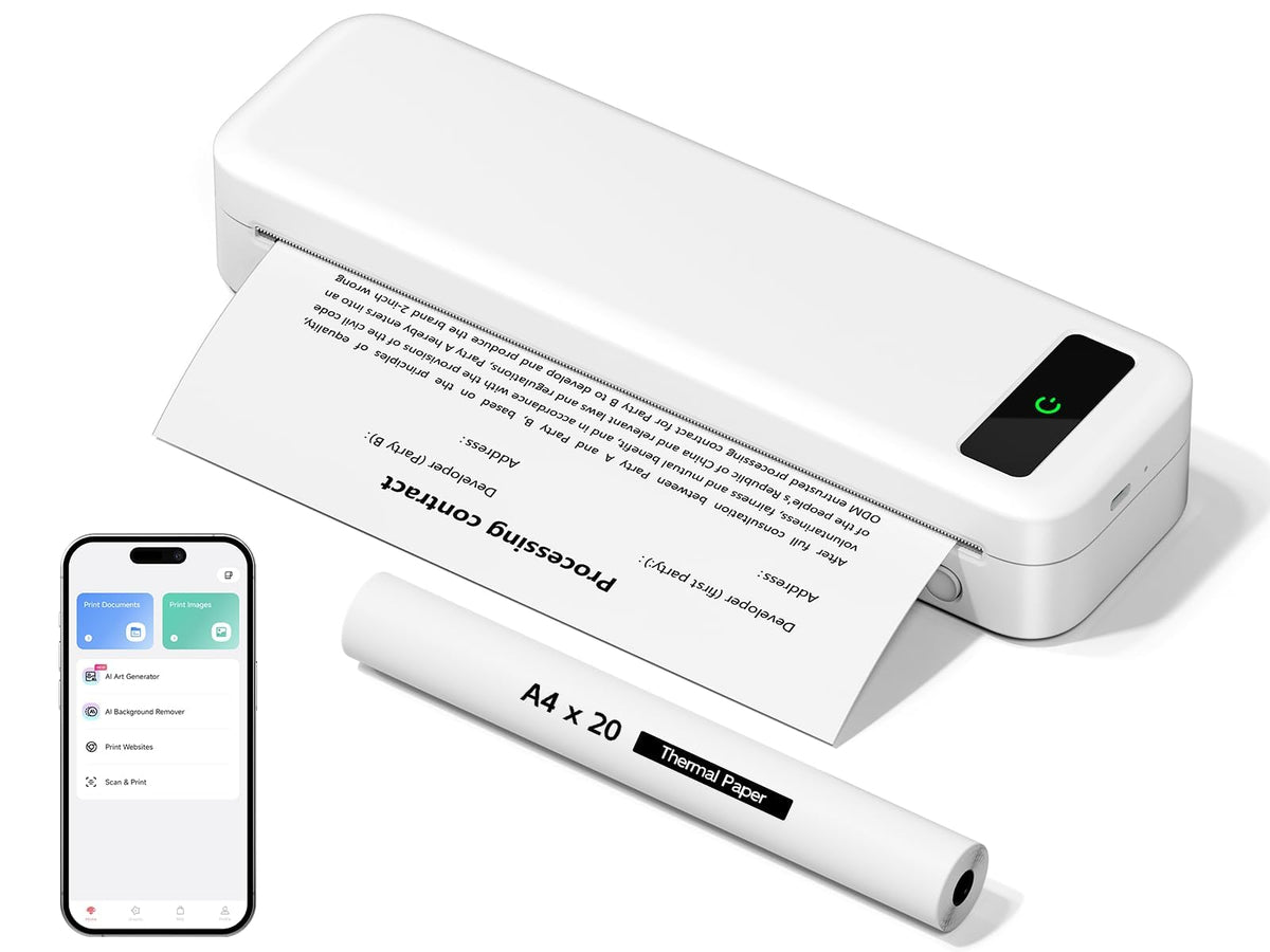 Portable Thermal Printer A4 Inkless Wireless Bluetooth Small Mobile - Black