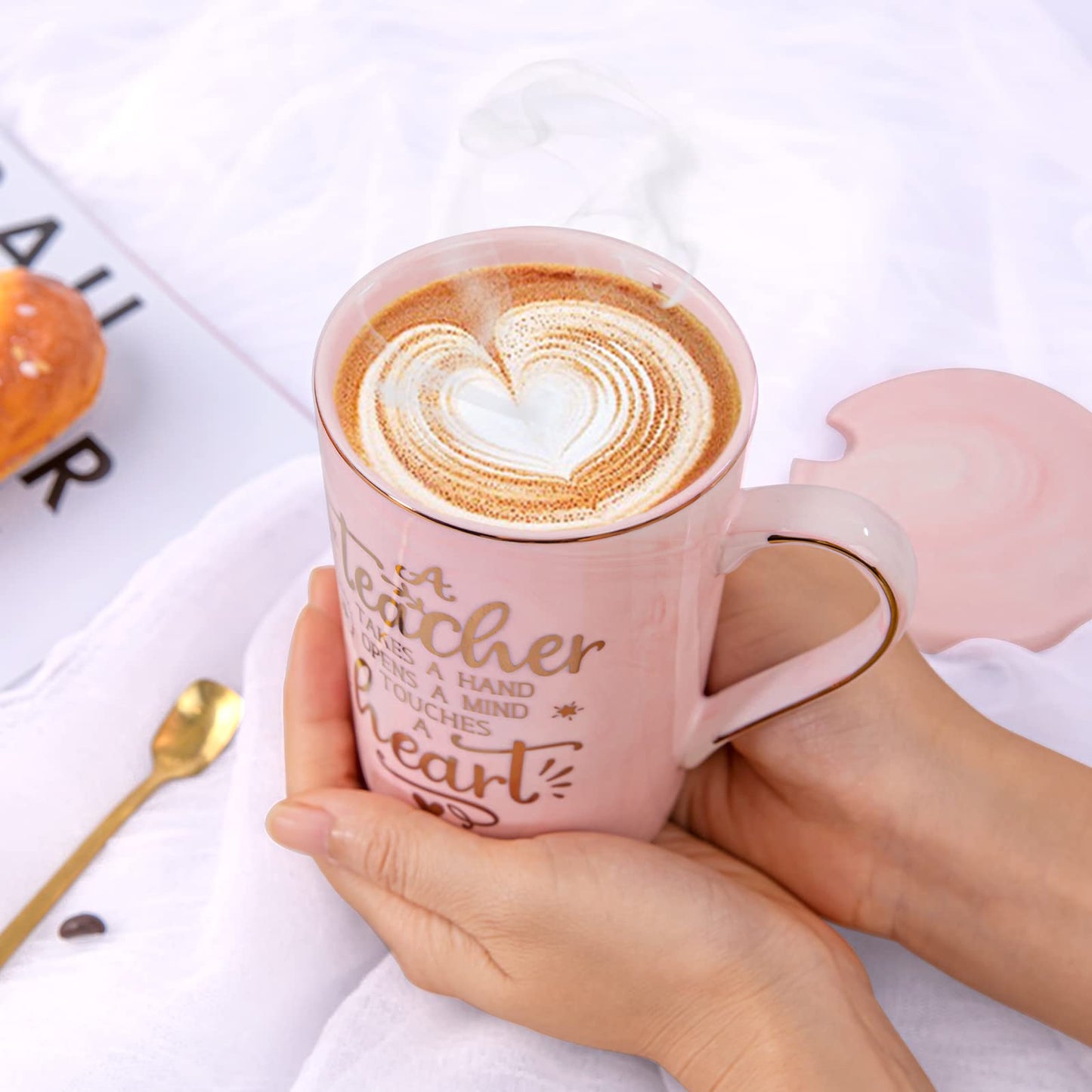 Unique Teacher Appreciation Gifts for Women - Best Teacher Gifts for Teachers, 14oz Pink Marble Ceramic Coffee Mug Printed with Gold, Retirement Birthday Graduation Ideas, End of The Year, Gift Boxed