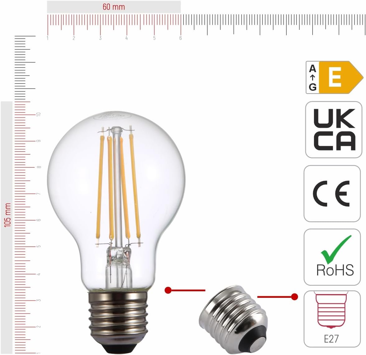 TEKLED® A60 Filament Vintage LED Bulbs | E27 Edison Screw | Energy Saving 6.5W Light Bulb 60W Equivalent | DIMMABLE Clear 2700K 806LM | 2-Pack | Warm White