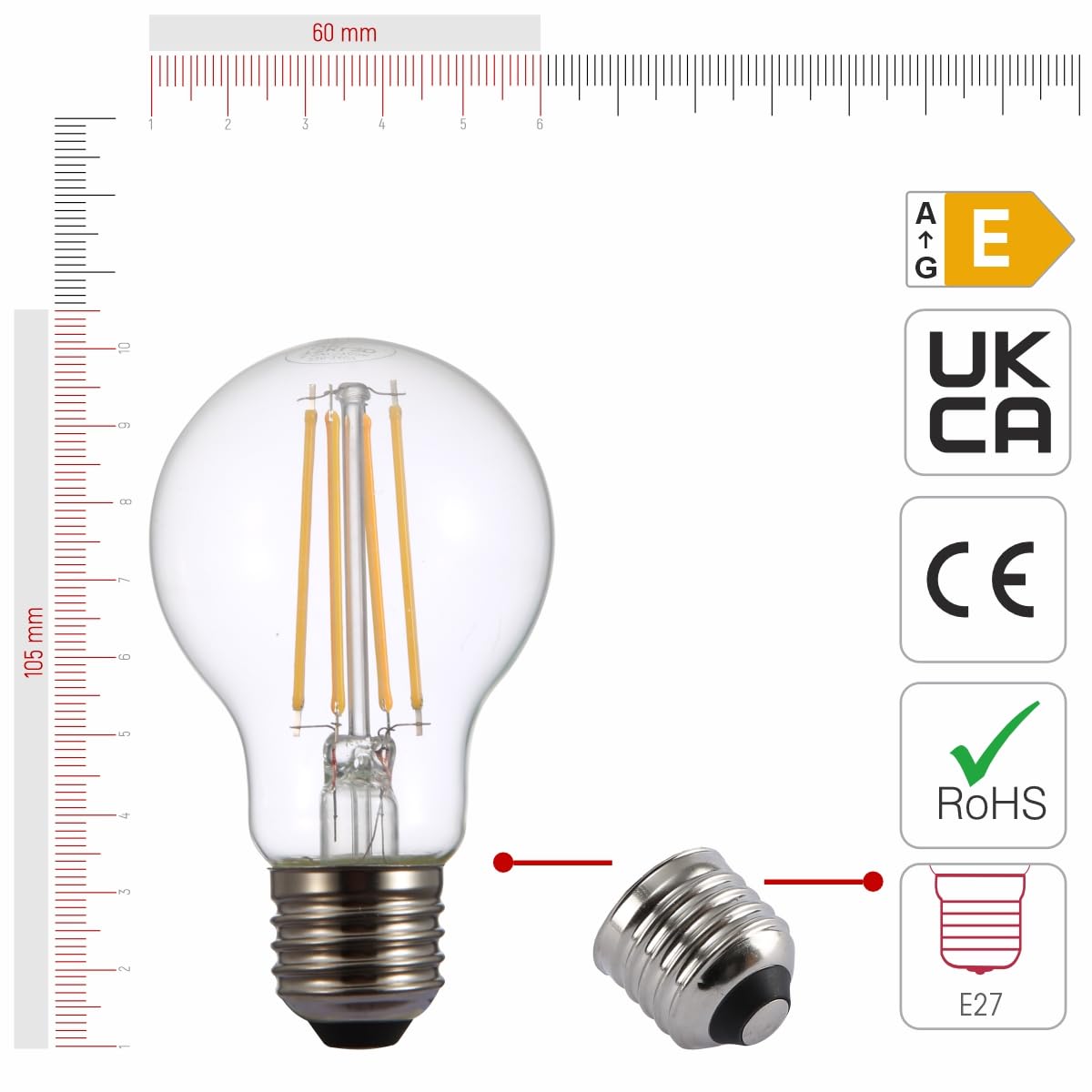 TEKLED® A60 Filament Vintage LED Bulbs | E27 Edison Screw | Energy Saving 6.5W Light Bulb 60W Equivalent | DIMMABLE Clear 2700K 806LM | 2-Pack | Warm White