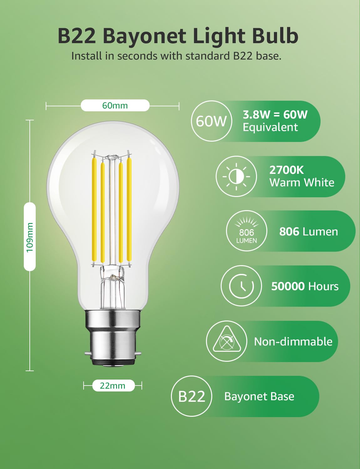 Lepro Bayonet Light Bulb A-Rated, 3.8W = 60W, 806lm, Warm White, Pack of 2