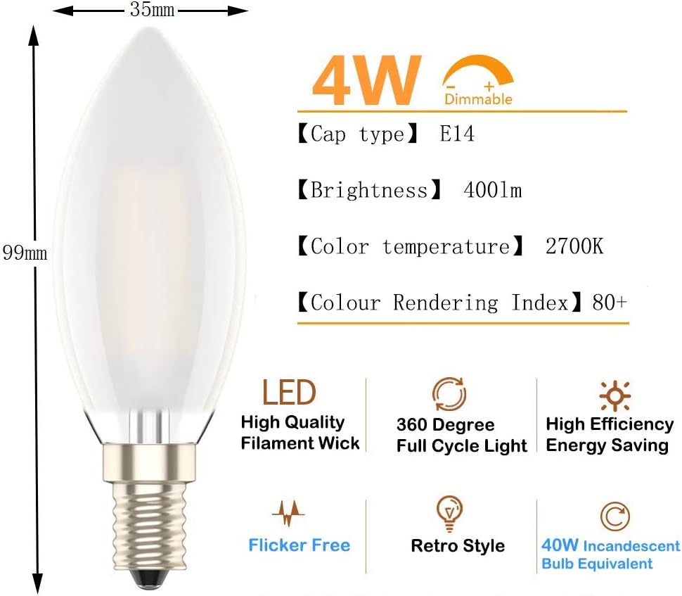 E14 Dimmable Led Candle Bulb,Small Edison Screw,4w, Warm White 2700K，2 Pack