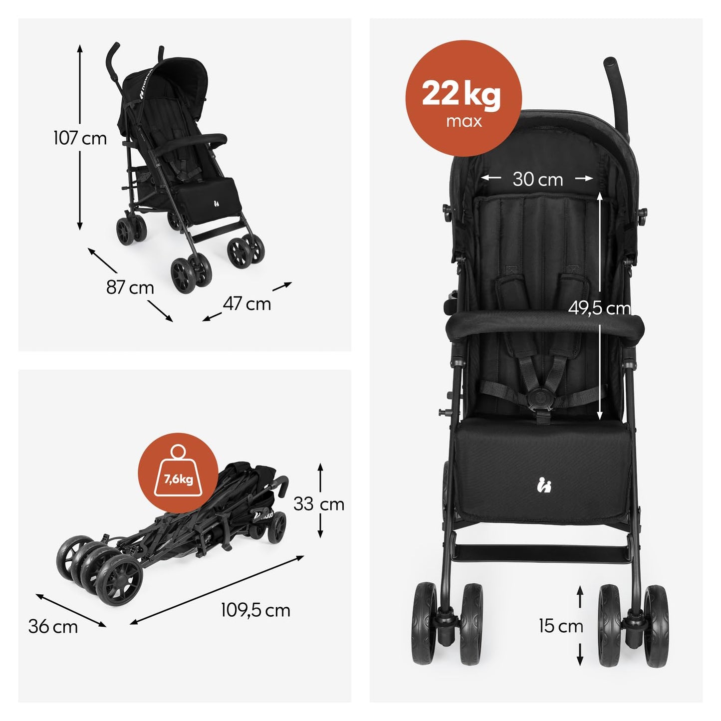 Hauck Fold N Care, Black - Lightweight Umbrella Pushchair with Raincover from 6 Months to 22 kg, Lie Flat, Compact Fold, Sun Canopy UPF 50+, EVA Wheels, Large Basket, Travel Stroller