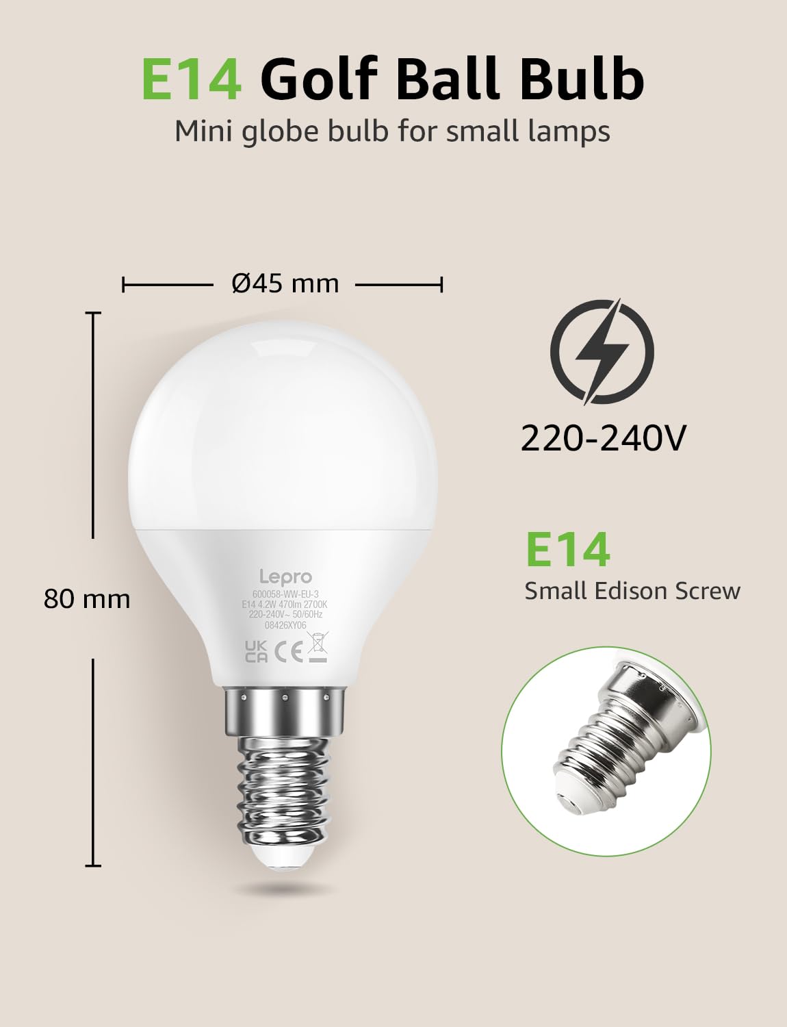 Lepro P45 E14 LED Light Bulb, Warm White 2700K, 4.2W=40W, 470LM, Pack of 6