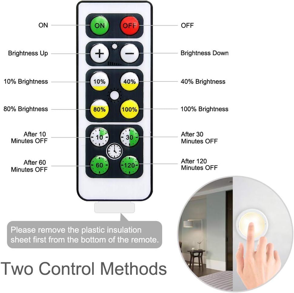 Under Cabinet Lights, Wireless LED Puck Lights Remote Control, 4000K Natural White Brightness Dimmable Battery Powered Touch Closet Cupboard Kitchen Wardrobe Lights, 6 Pack (White)
