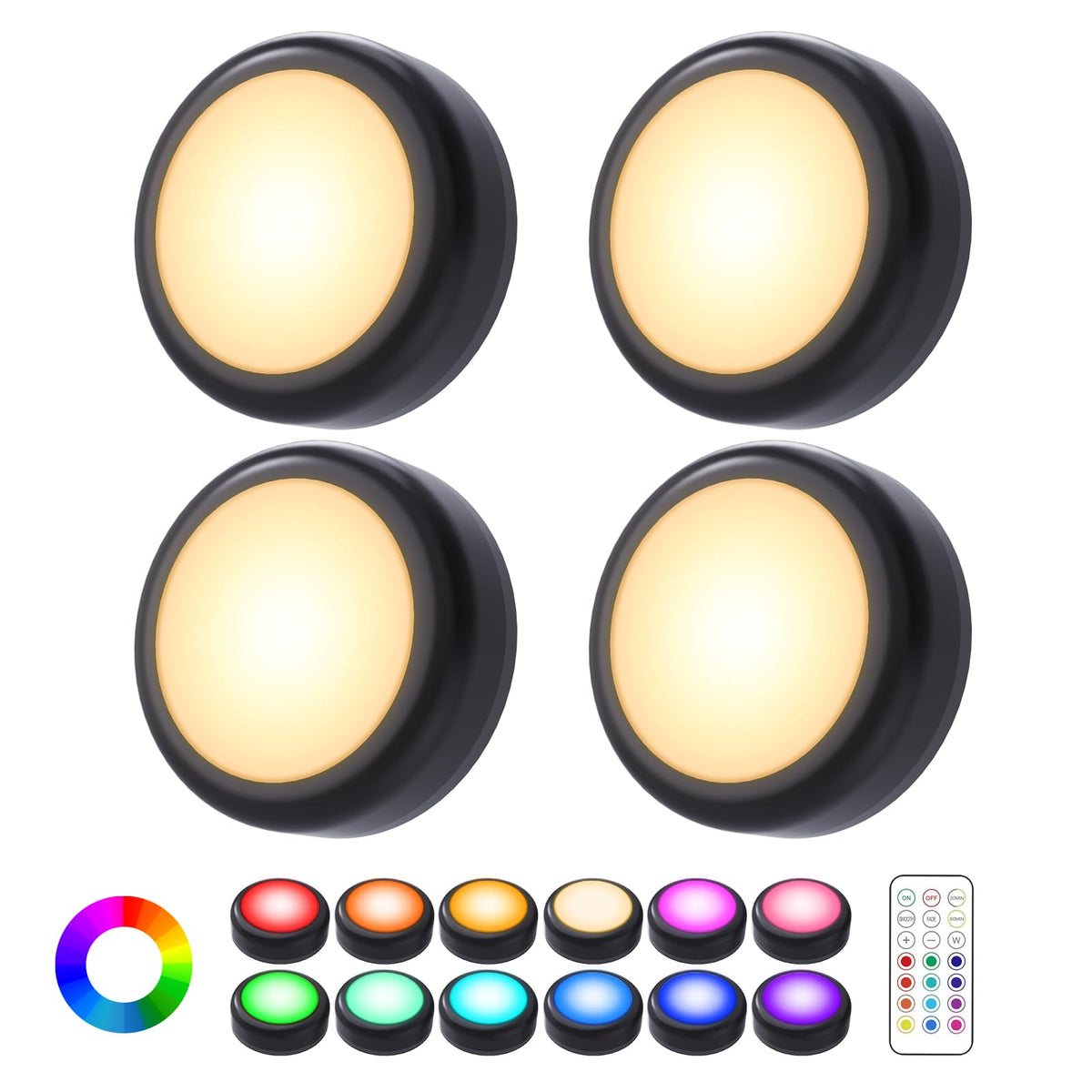 Under Cabinet Lights RGB Wireless Lights LED Closet Lights Night 3000K Dimmable 6pc Cadrim 13 Colors Changing Remote Control Brightness Adjustable Timer Battery Powered Light Kitchen Wardrobe Cupboard