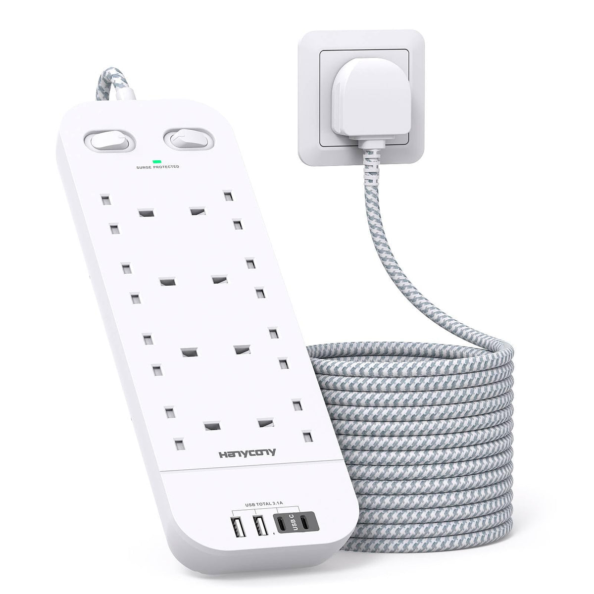 Extension Lead with 2 USB C Slots, 8 Way Power Strip Surge Protector