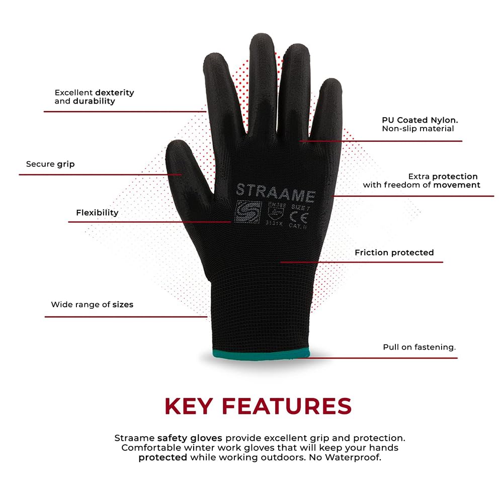 Straame Black Work Gloves, 12 Pairs, PU Coated Nylon, Non-Slip Grip, Size S