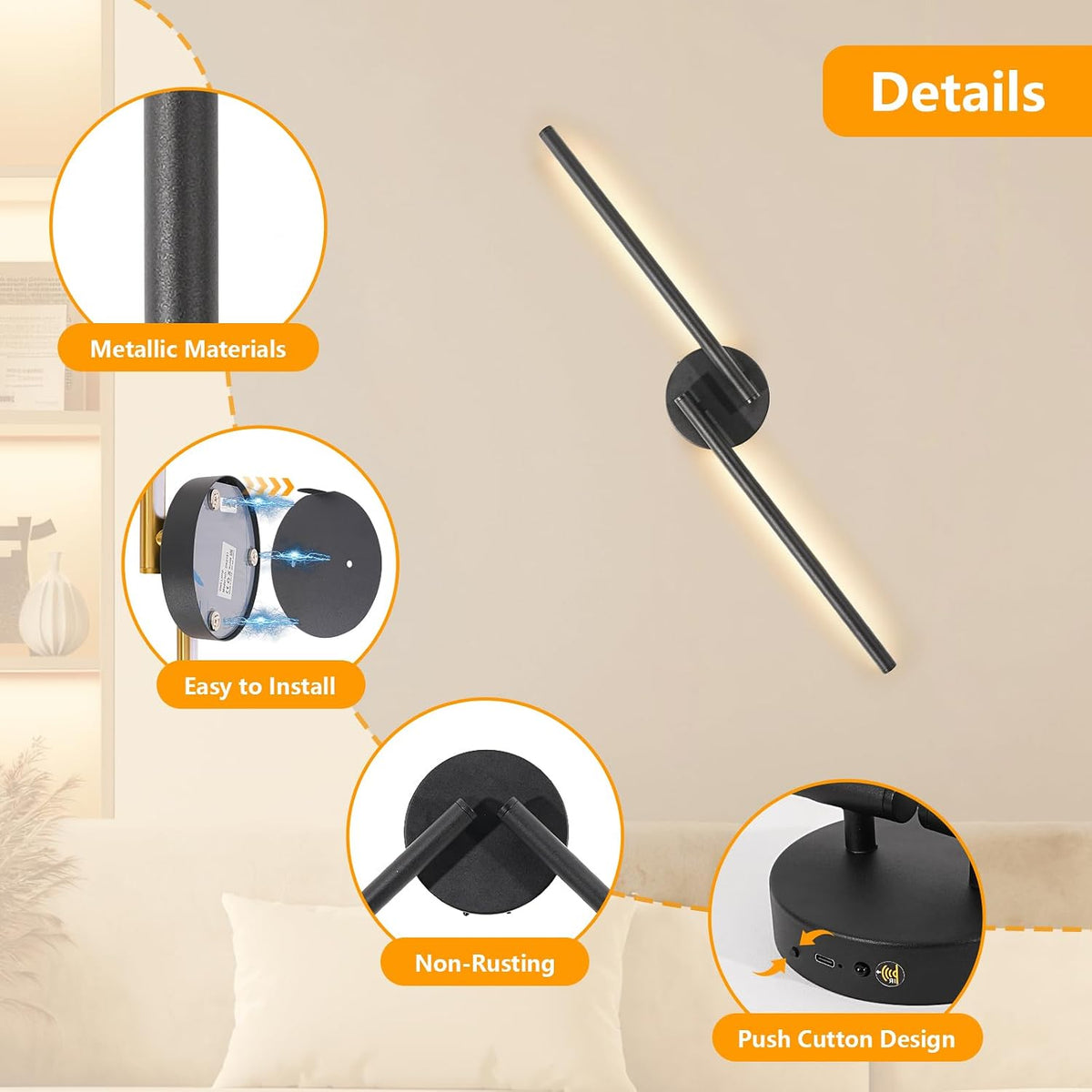 Dehobo 80CM Rechargeable Wall Lights with 8000mAh for Home Decor, 2 Packs
