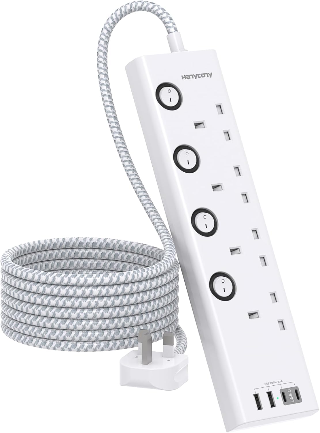 Extension Lead with USB Slots(2 USB C), 4 Way Plug Extension Socket, 1.8M