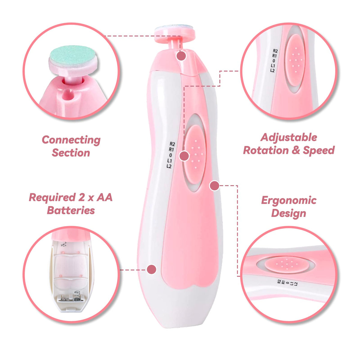 Qunlions life Baby Nail Trimmer Electric, 6 in 1 Rechargeable Baby Nail Clippers Manicure Set Grooming Kit for Toddler Infant or Adults (Pink)