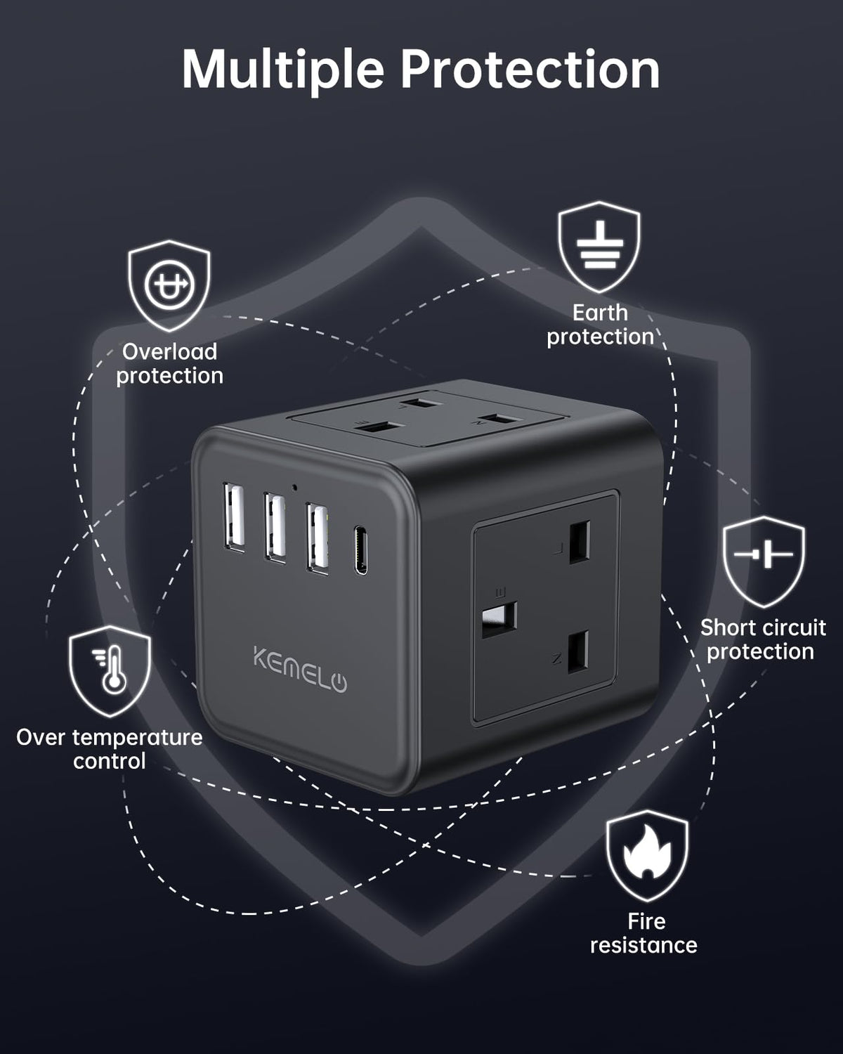 Cube Extension Lead with 4 USB Slots, Kemelo 4 Way (13A/3250W) Multi Plug Extension Cable with Child Safety UK Desktop Power Extension Socket,1.5M Extension Cords for Home Dorm Office Travel, Black