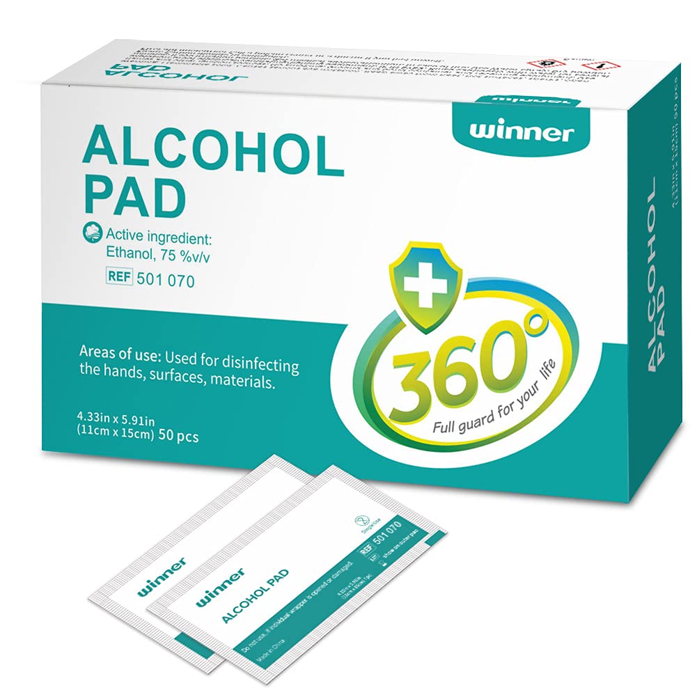 Winner Medical Alcohol Wipes 11cm*15cm, 50 Pcs, 75% Ethanol Hand & Skin Disinfecting Wipes, Individually Wrapped Sterile Alcohol Swabs, 4 Layers of Sterile Alcohol Pre Pads