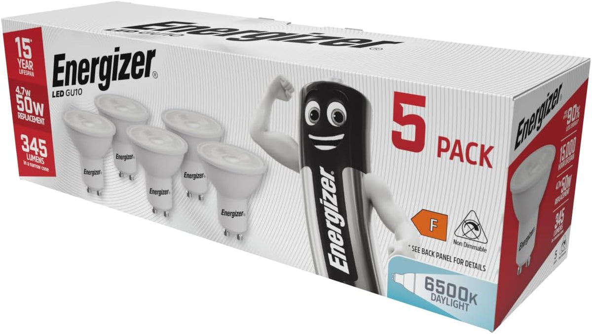 Energizer GU10 LED Bulbs Daylight White - 6500K 50W Halogen Spotlight Equivalent – 345LM - Non Dimmable. Pack of 5