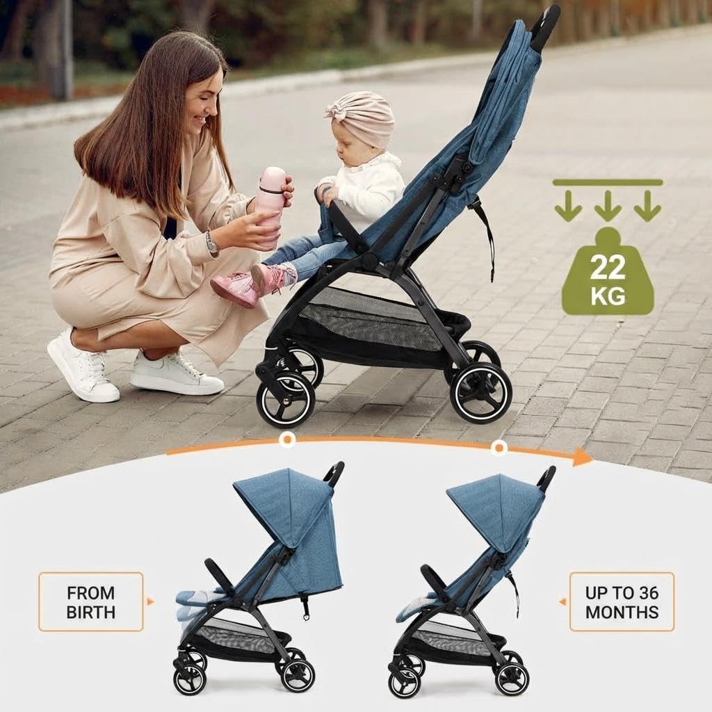 Lightweight Pushchair, Travel Stroller with 3 Recline Positions, Fully Reclining From Birth Up to 22 kg, Baby Stroller with Cup Holder & EVA Shock Absorbing Wheels, One-Click Foldable for Easy Carry-B