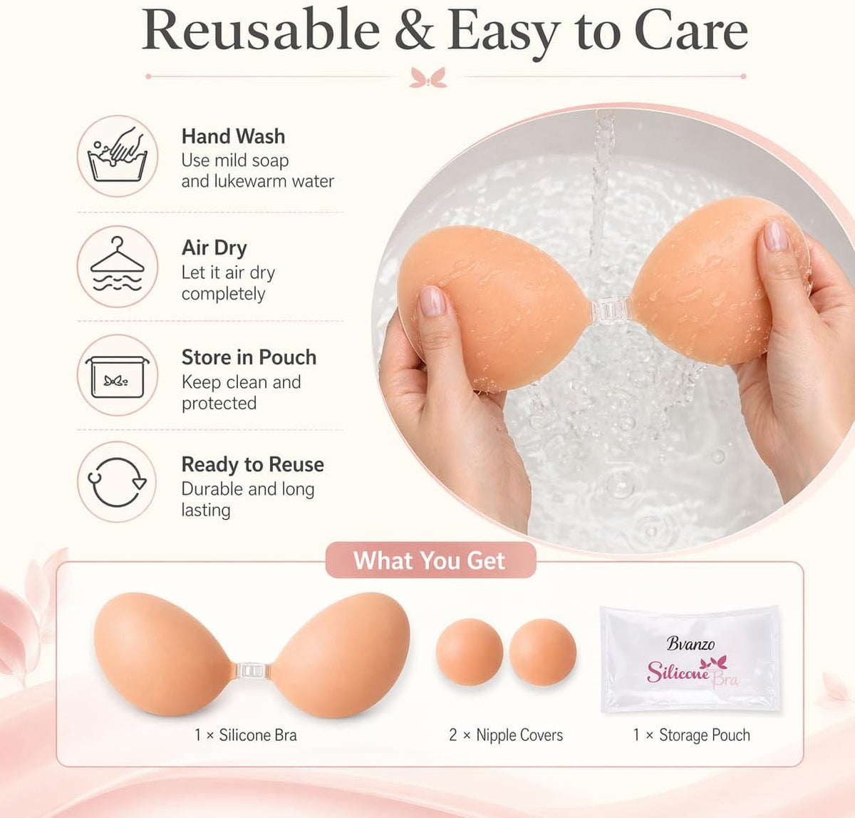 Bvanzo Stick On Bra for Women, Invisible Sticky Backless Strapless Push Up Bra with Sticky Bra Push Up, Skin Friendly and Breathable, Reusable Silicone Adhesive Bra