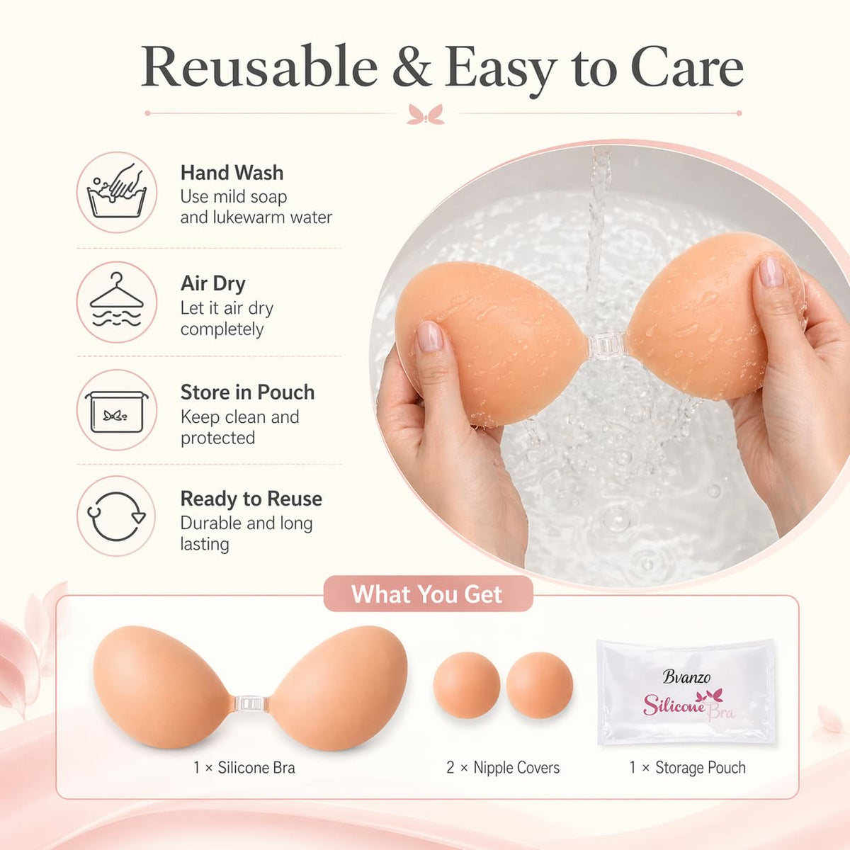 Bvanzo Stick On Bra for Women, Invisible Sticky Backless Strapless Push Up Bra with Sticky Bra Push Up, Skin Friendly and Breathable, Reusable Silicone Adhesive Bra