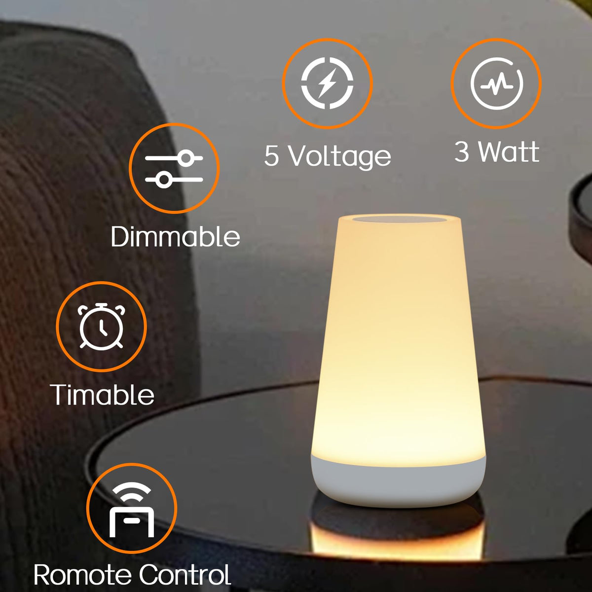 Ledivion Night Light, LED Touch Bedside Table Lamp, RGB Colours Changing, 5 Brightness Level, Timing Function, Dimmable Rechargable Remote Control Light for Bedroom, Living Room